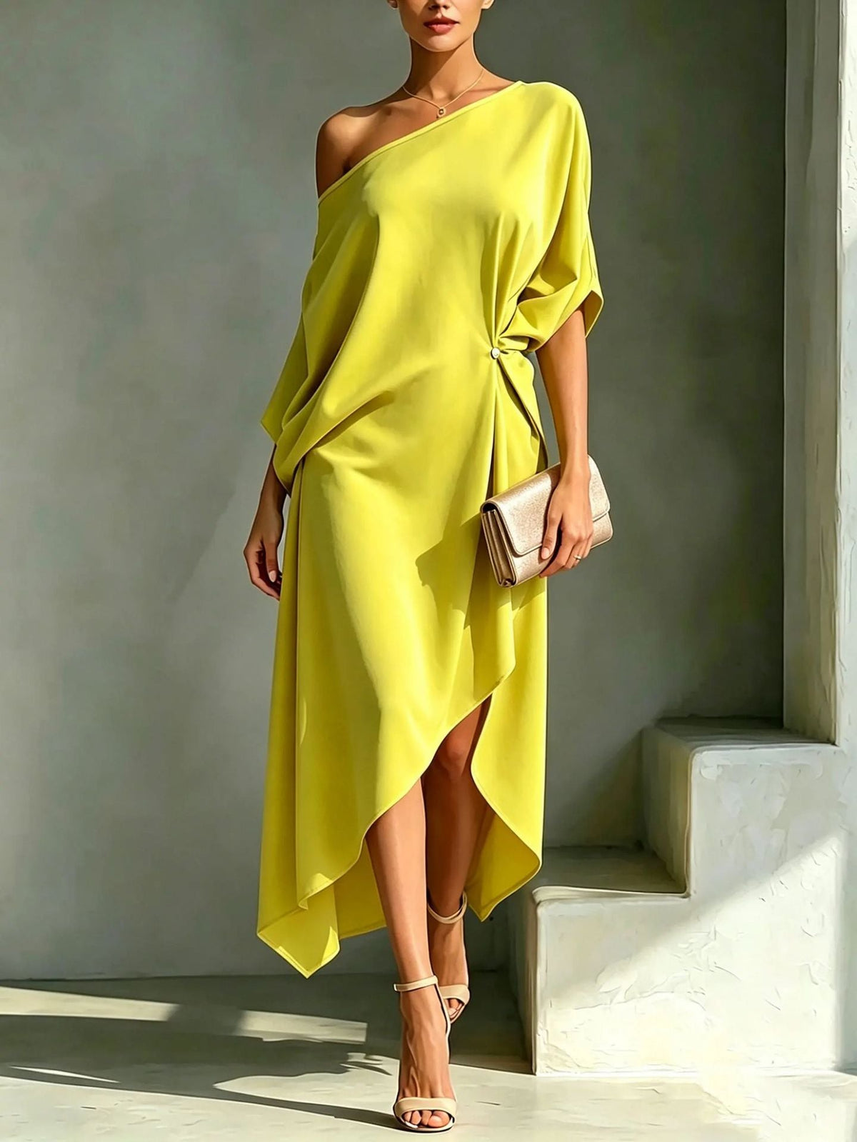 Robe asymétrique jaune à une épaule, drapé noué à la taille et pan asymétrique