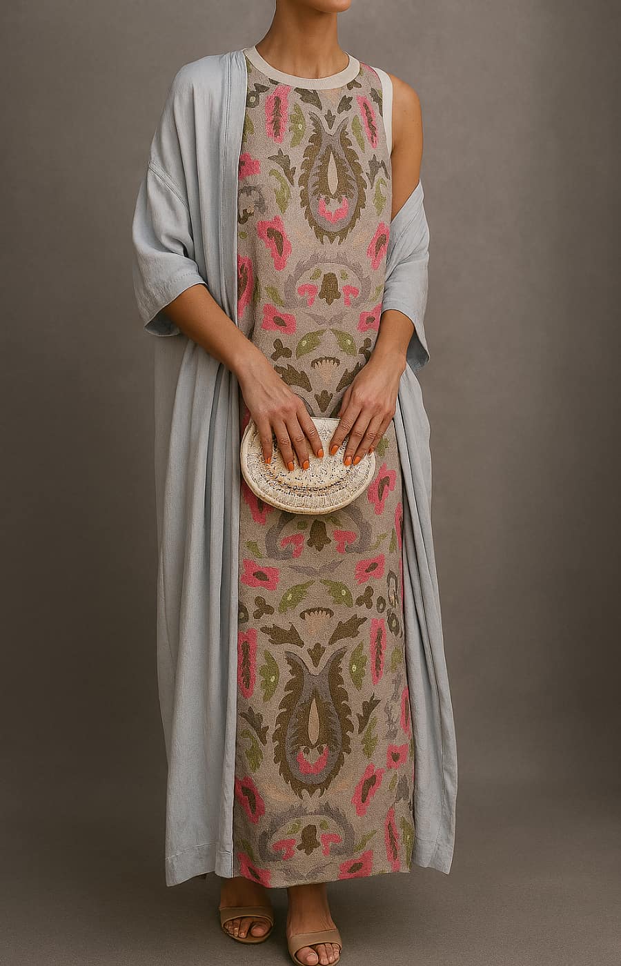 Robe longue imprimée avec gilet léger gris clair, posé sur les épaules
