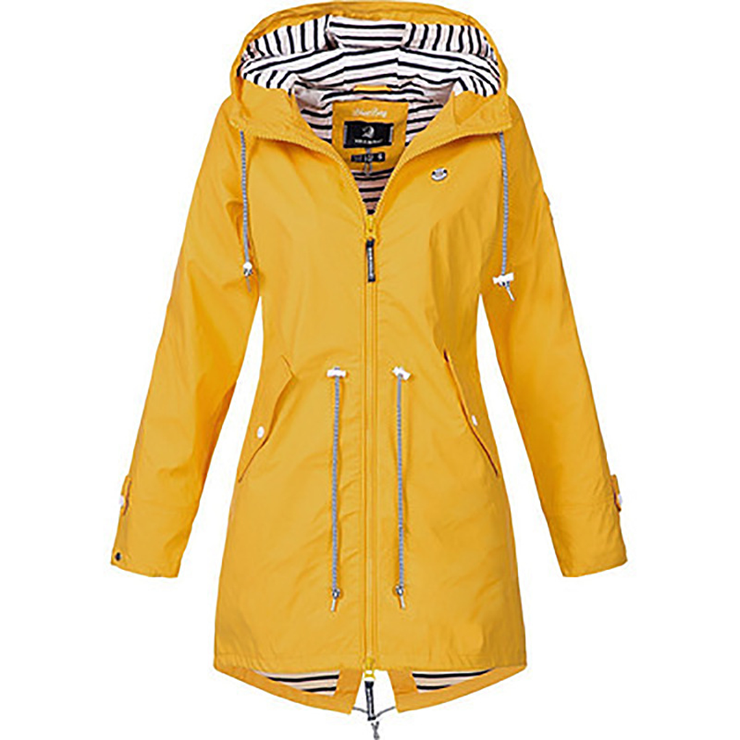 Imperméable jaune à capuche rayée, parka zippée avec cordons pendants