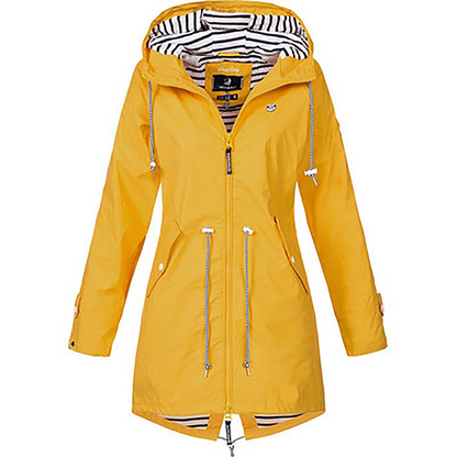 Imperméable jaune à capuche rayée, parka zippée avec cordons pendants