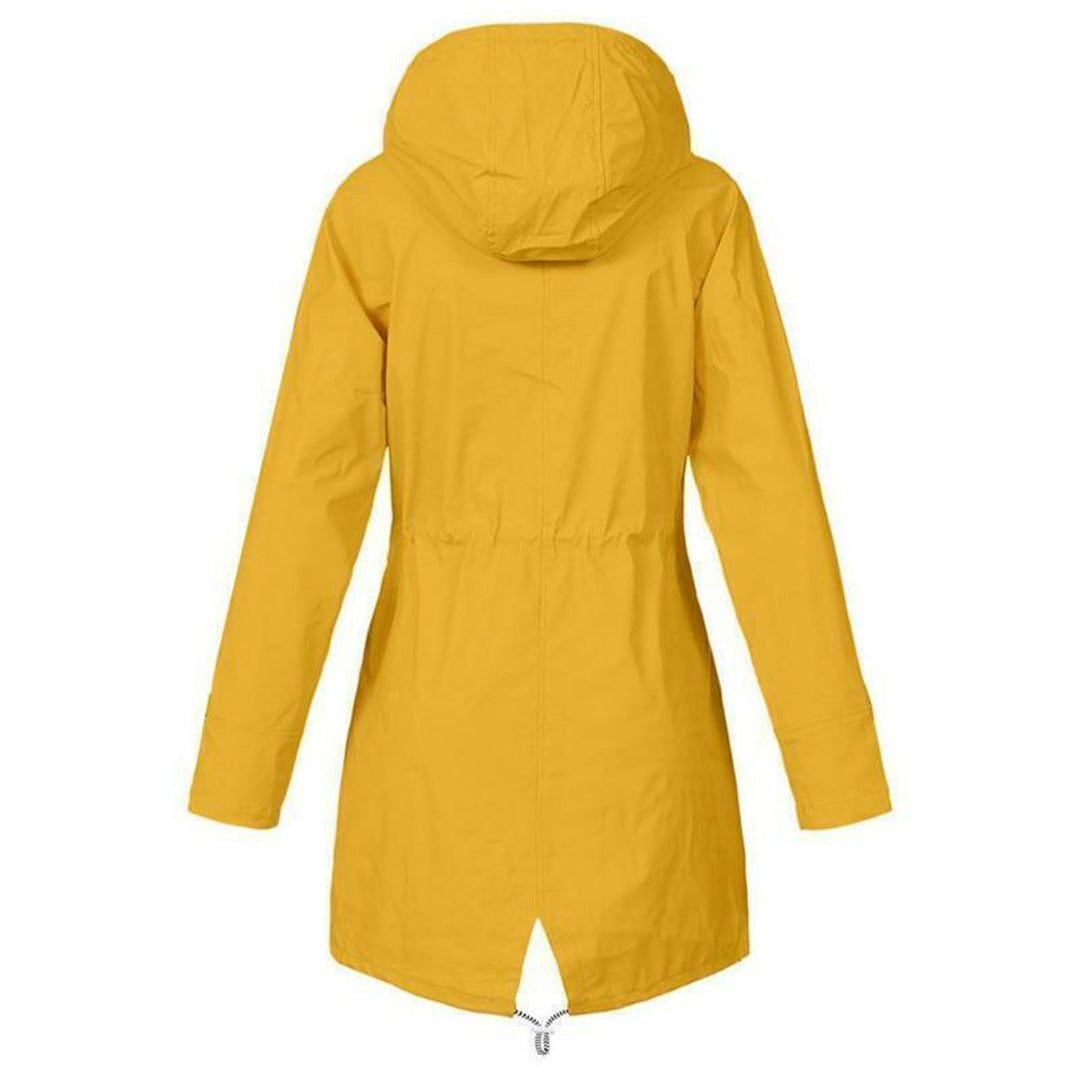 Imperméable jaune à capuche, cordons à la taille, fermeture zippée