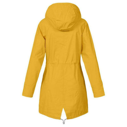 Imperméable jaune à capuche, cordons à la taille, fermeture zippée