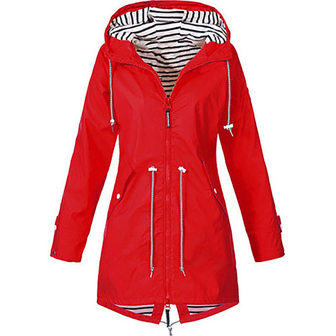 Imperméable rouge à capuche rayée, parka zippée avec cordons pendants