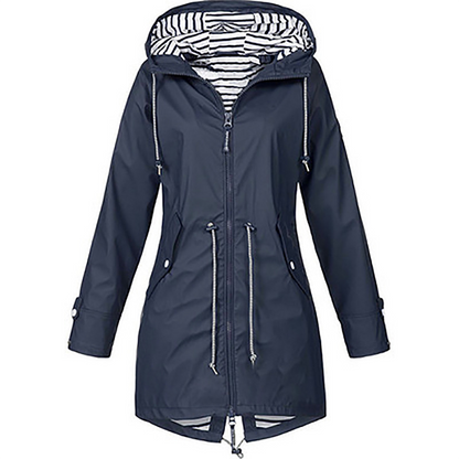 Imperméable bleu marine à capuche rayée, parka zippée et cordons pendants