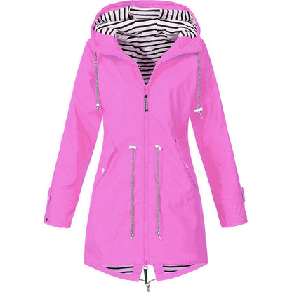 Imperméable rose fuchsia à capuche rayée, parka zippée avec cordons pendants