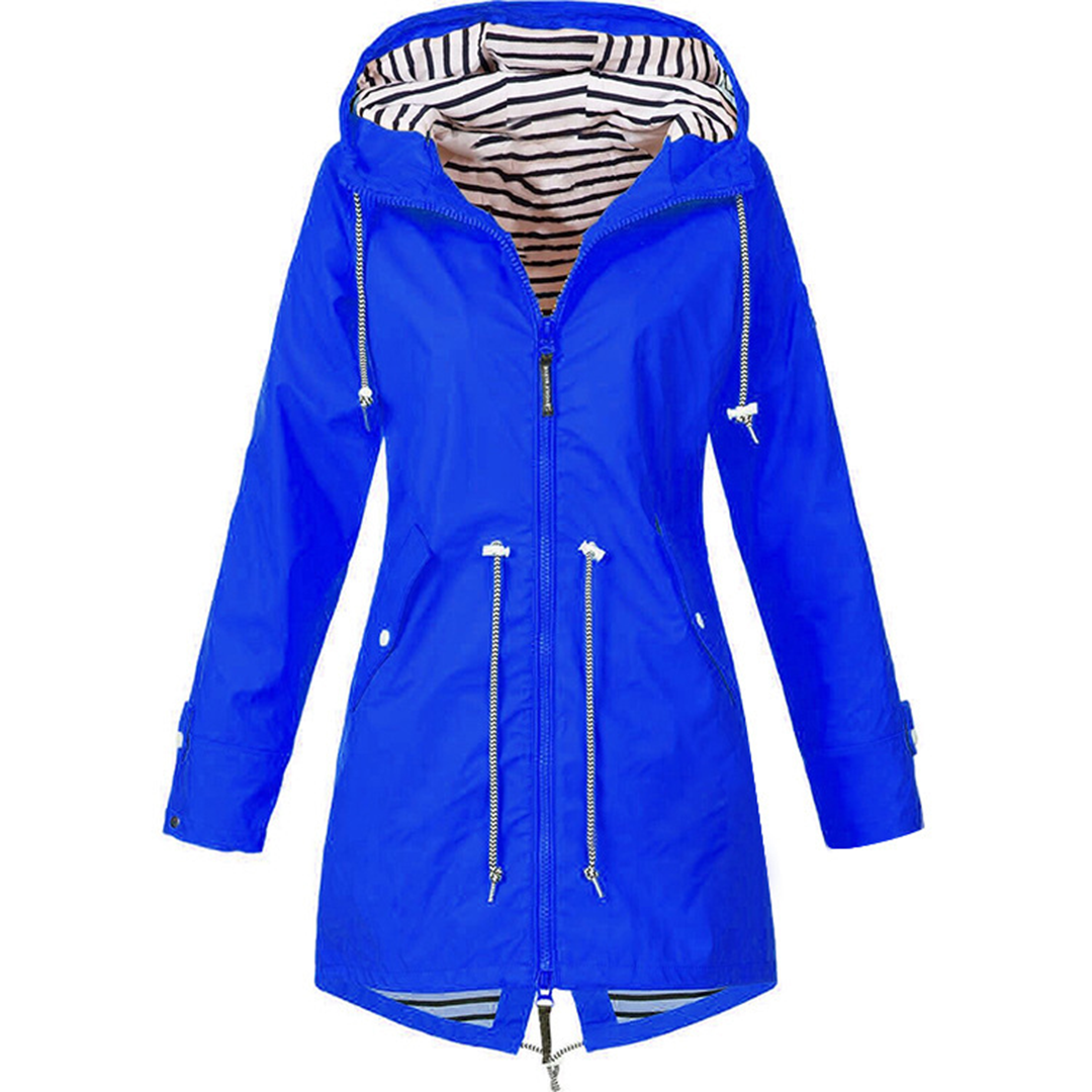 Imperméable bleu à capuche rayée, parka zippée et cordons pendants
