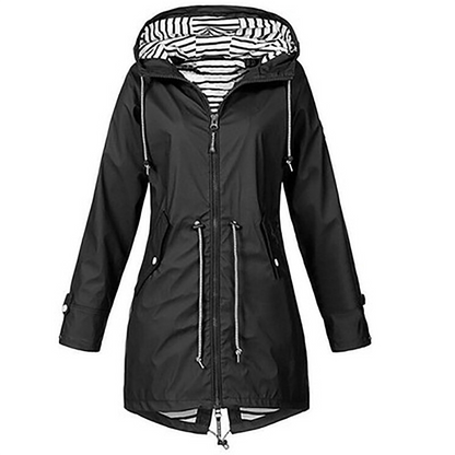 Imperméable noir à capuche doublée rayée, parka zippée avec cordons pendants