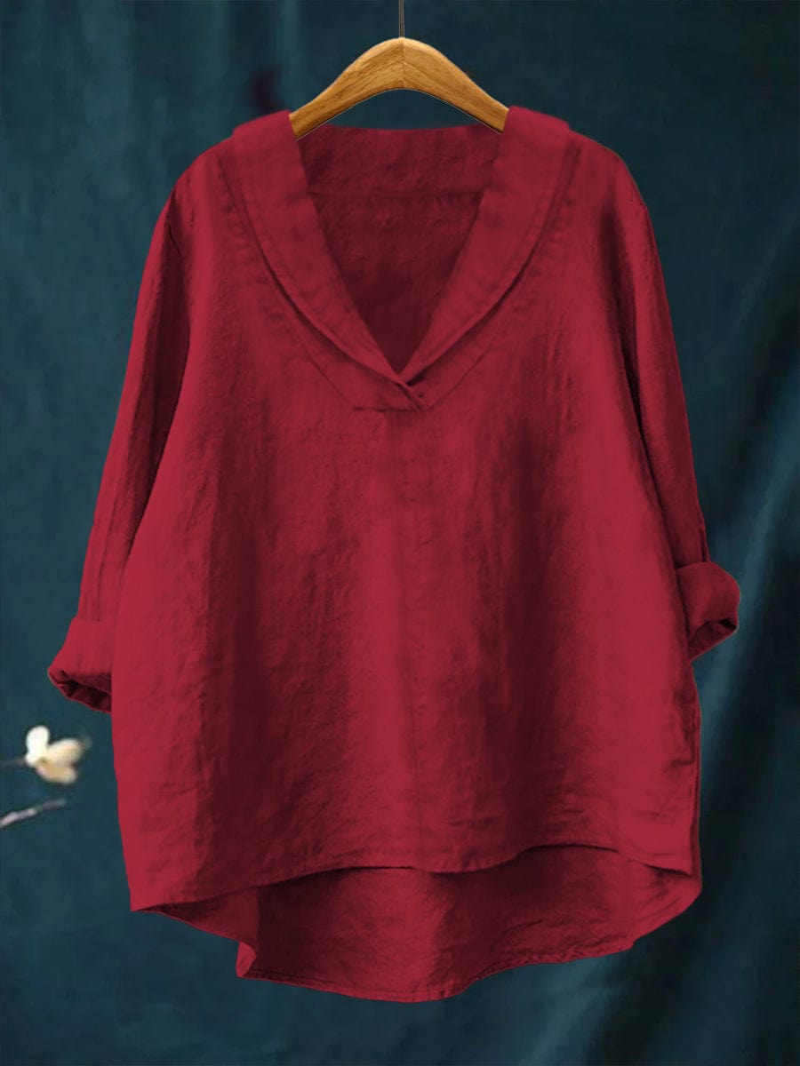 Blouse fluide col V rouge, manches trois-quarts, coupe ample