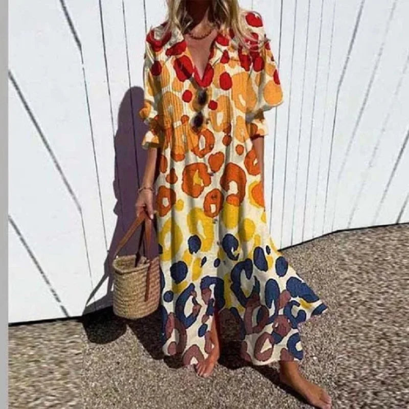 Robe longue multicolore à manches volantées, col boutonné, motifs graphiques