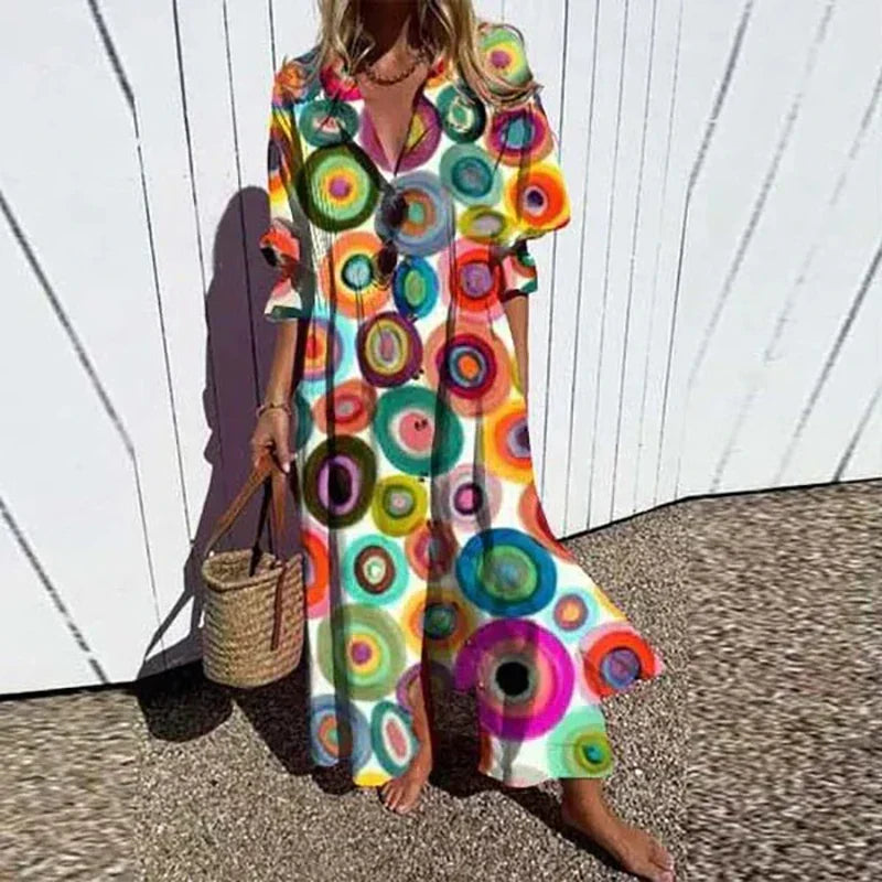 Robe longue blanche à motifs ronds colorés, col boutonné, manches volantes