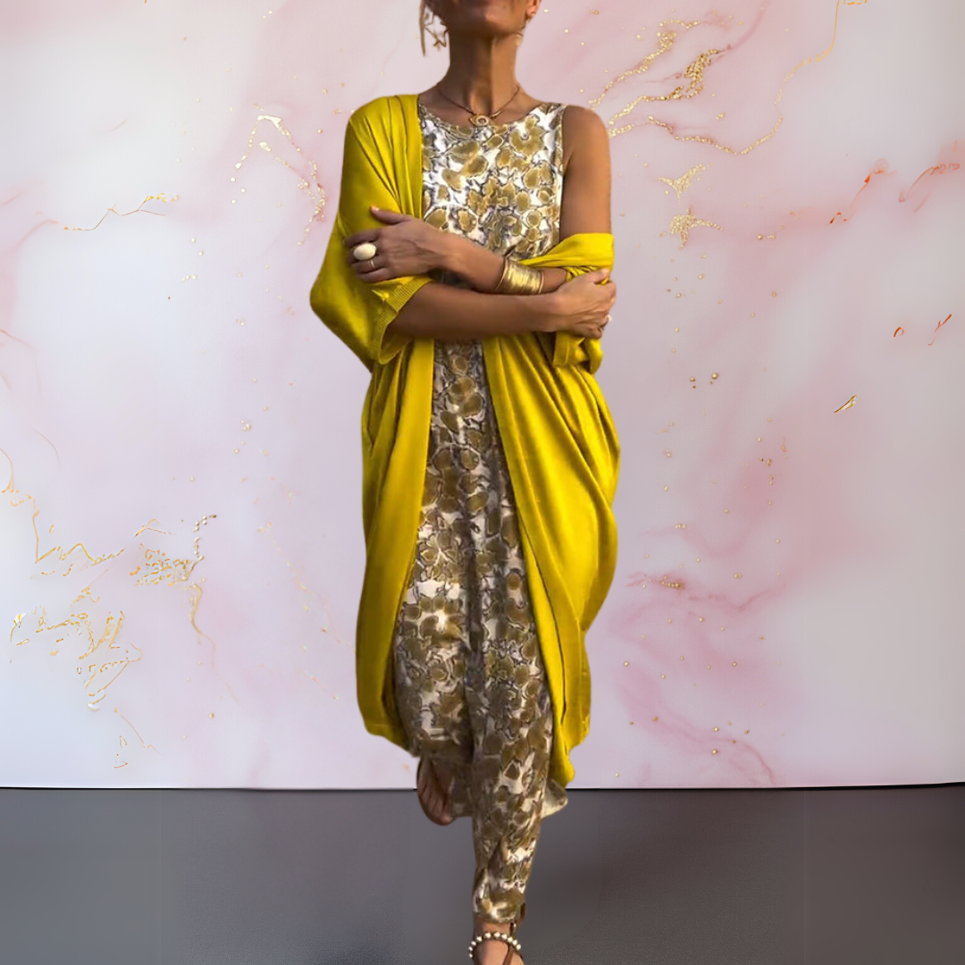 Robe longue sans manches, imprimé argenté et drapé bleu