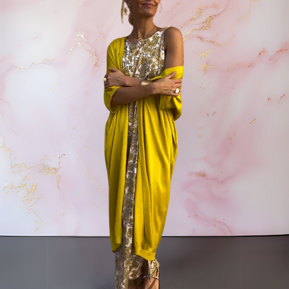 Robe longue sans manches, imprimé doré et drapé jaune sur l’avant