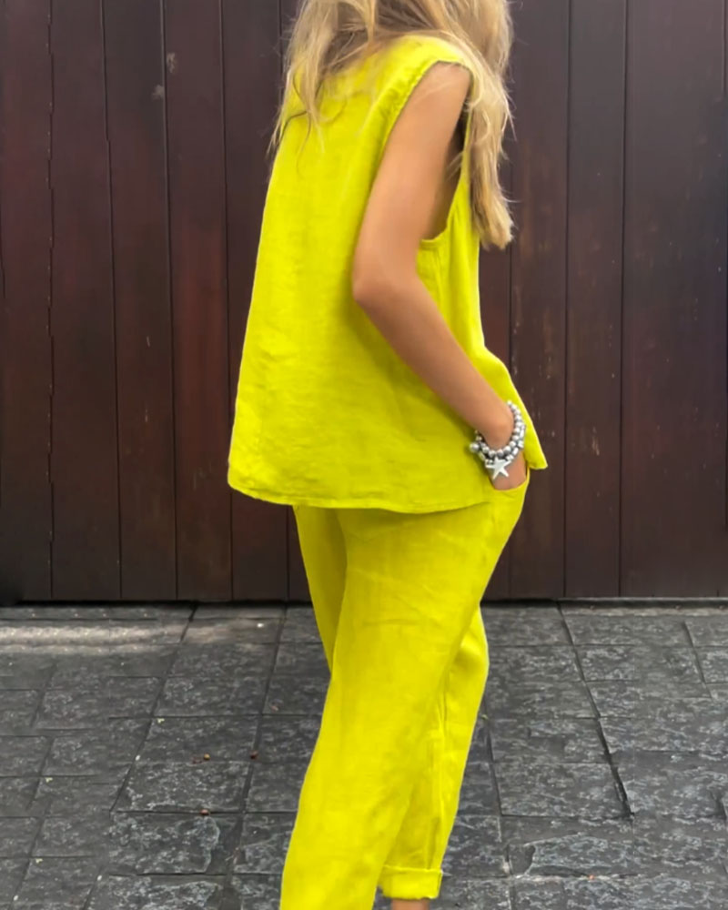 Ensemble décontracté jaune : débardeur sans manches et pantalon ample, coupe longue
