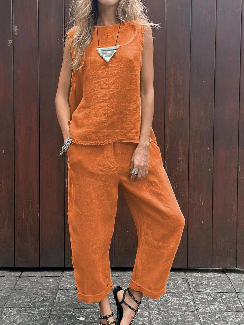 Ensemble décontracté orange : débardeur sans manches et pantalon ample assorti