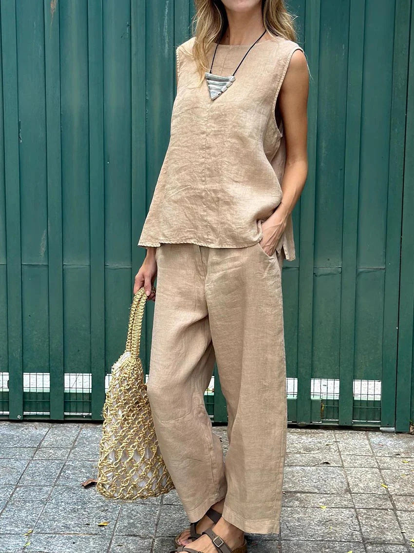 Ensemble décontracté beige : débardeur sans manches et pantalon ample à jambes larges