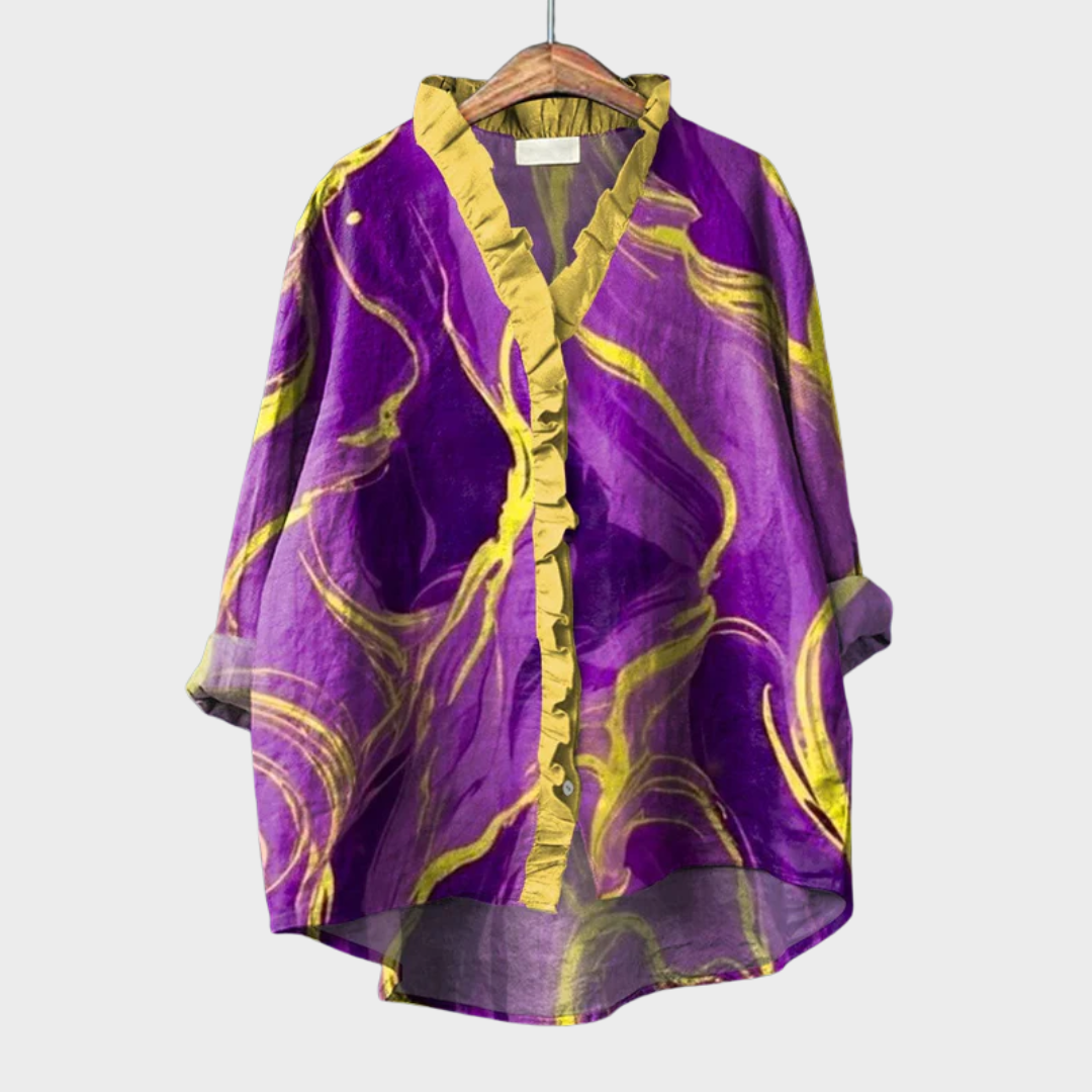 Blouse marbrée violette à col V et boutons, manches amples trois-quarts, motif jaune