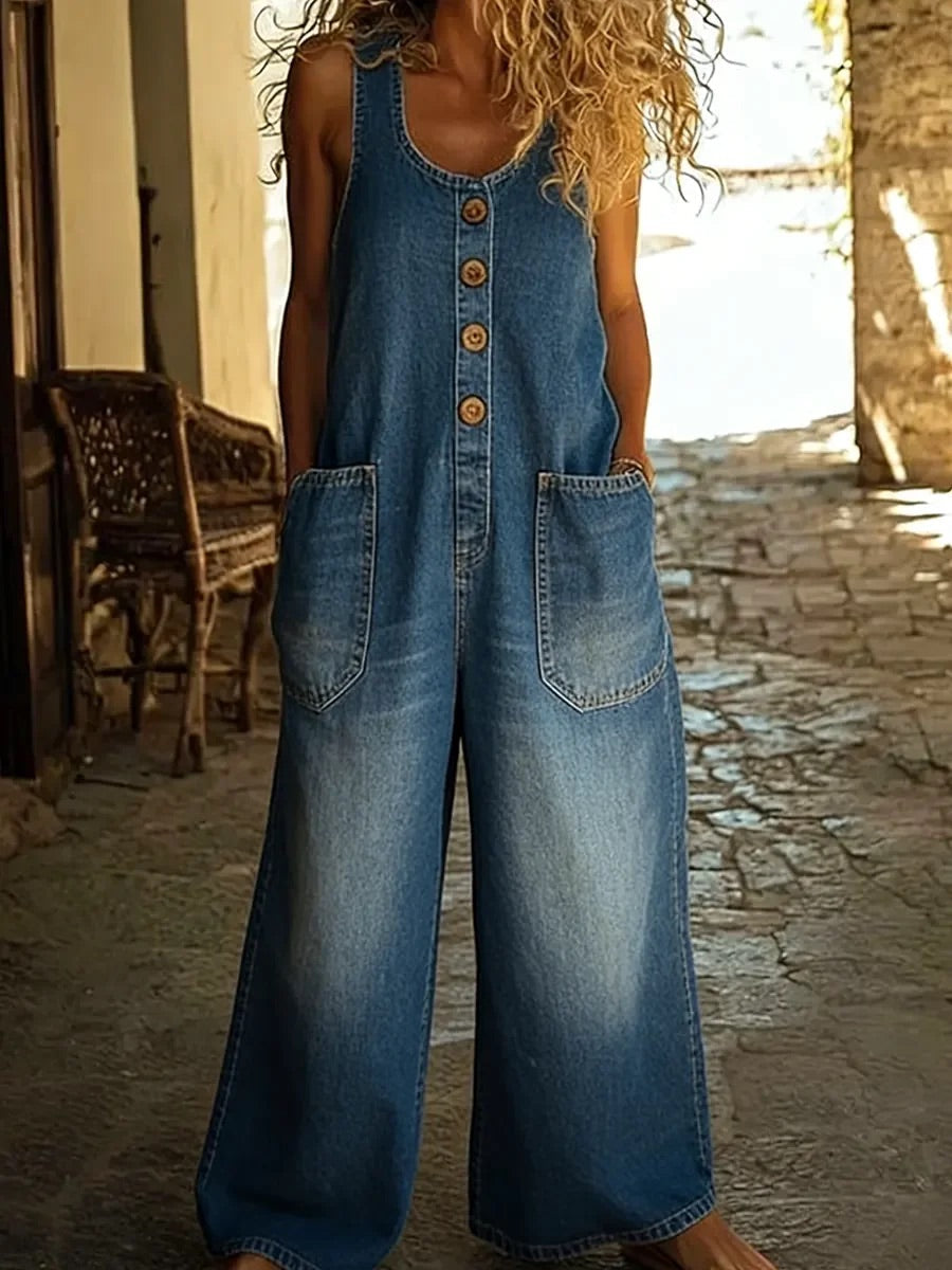 Salopette en jean vintage lavé bleu, bretelles larges, boutons devant, poches cargo