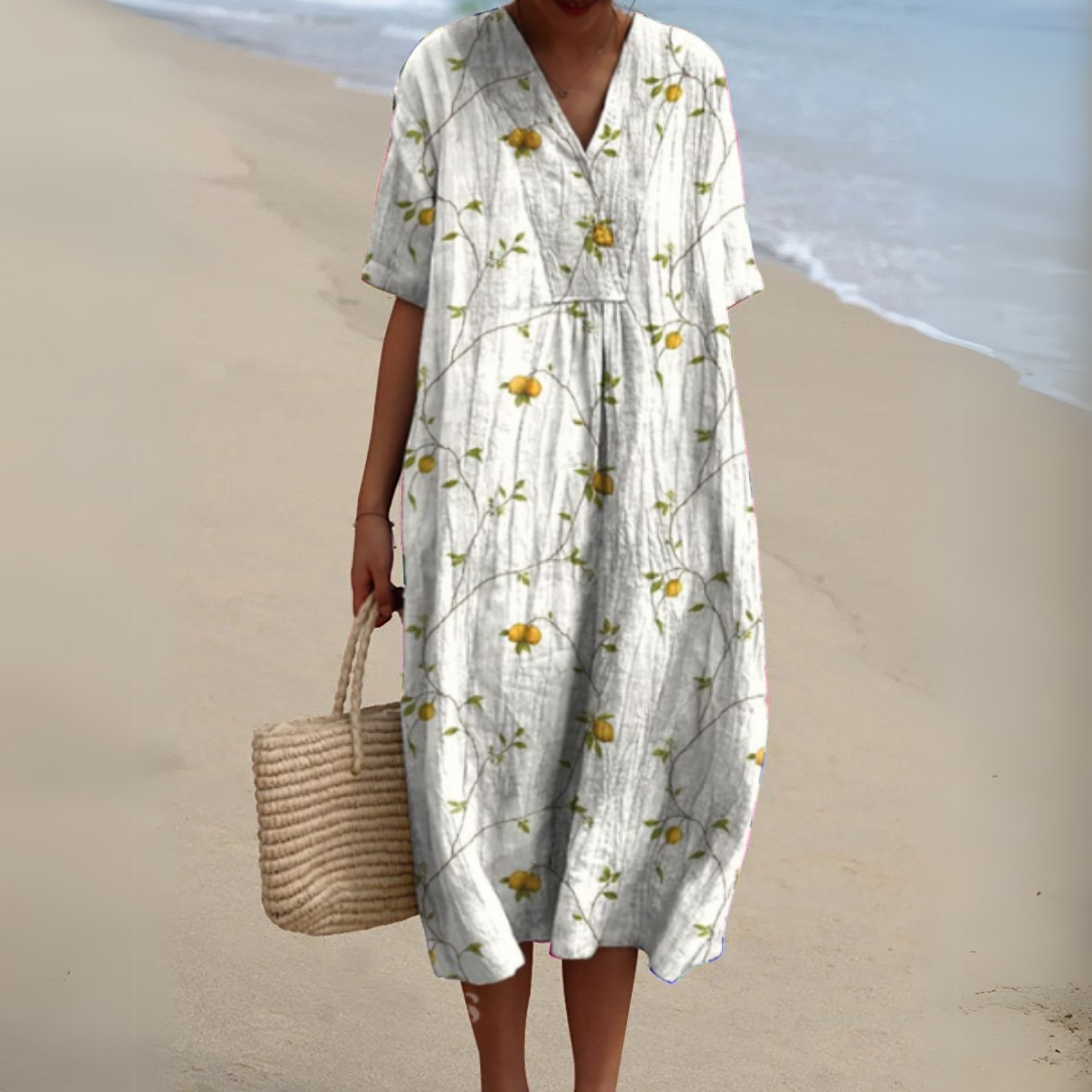 Robe mi-longue ample manches courtes, col V, fleurs jaunes sur fond gris clair