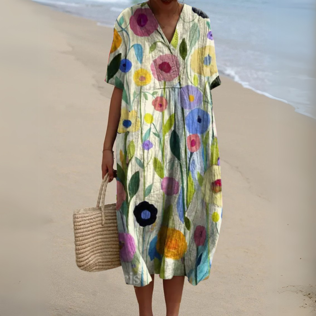 Robe ample mi-longue blanche à fleurs multicolores, encolure V, manches courtes