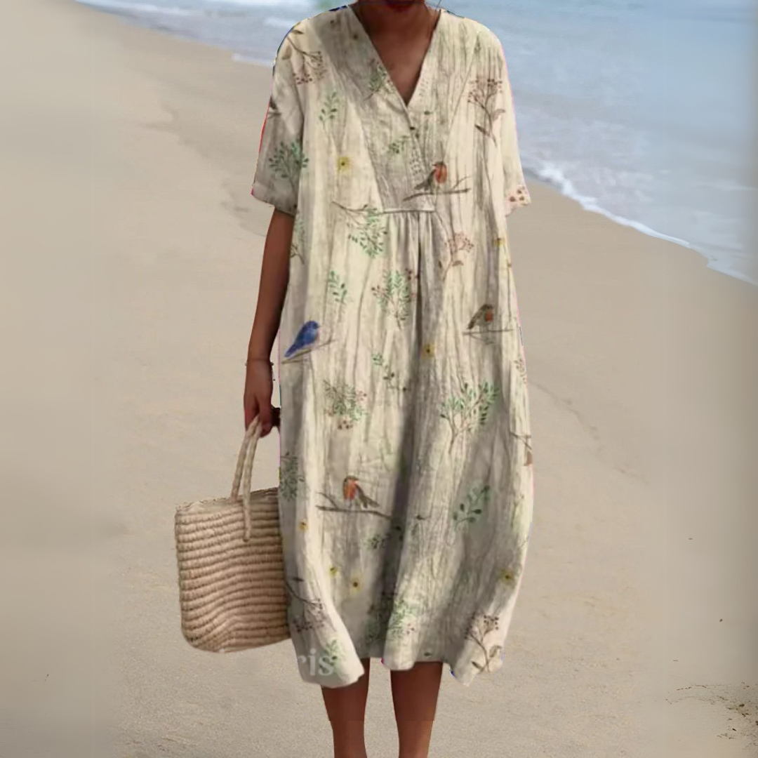 Robe blanche à motifs floraux multicolores, encolure V, manches courtes, ample