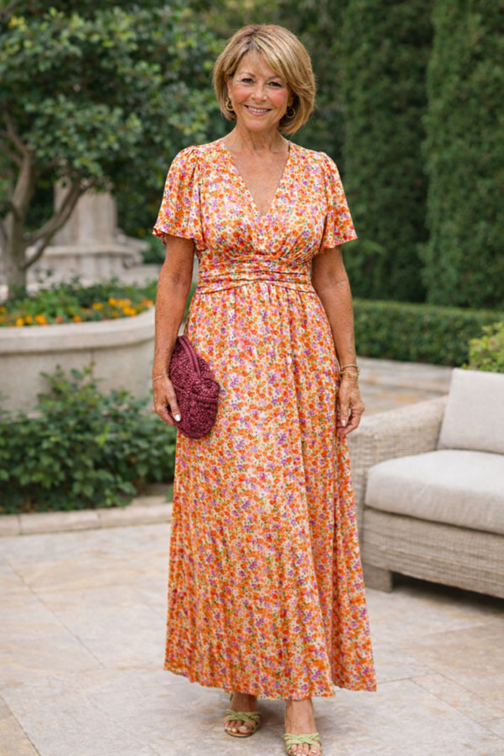Robe d’été orange à fleurs, encolure V, manches courtes, taille froncée