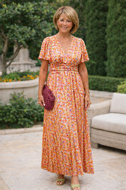 Robe d’été orange à fleurs, encolure V, manches courtes, taille froncée