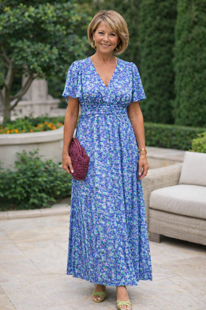 Robe d’été bleue à fleurs, encolure V, manches courtes, taille froncée