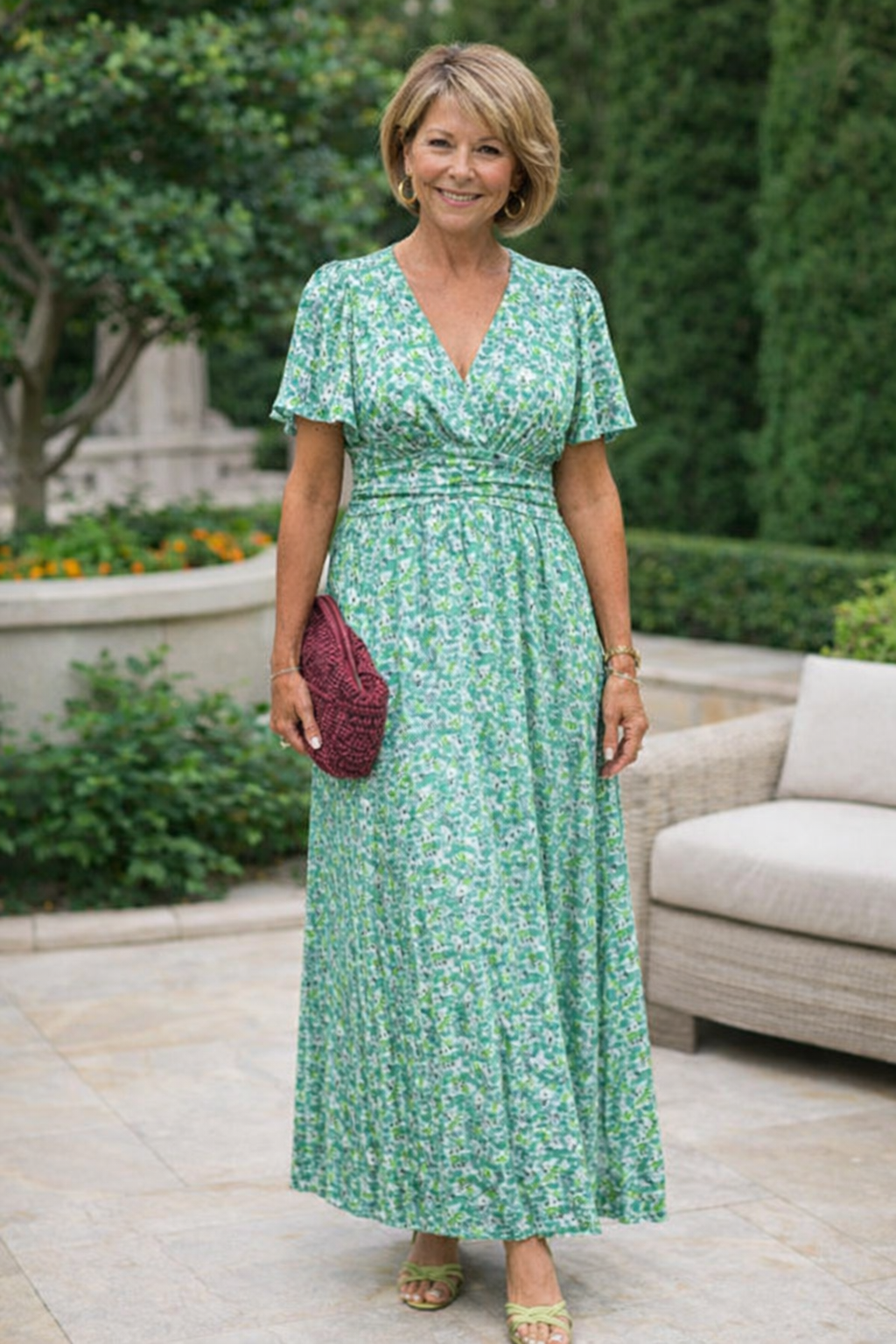 Robe d’été verte à fleurs, encolure V, manches courtes, taille froncée