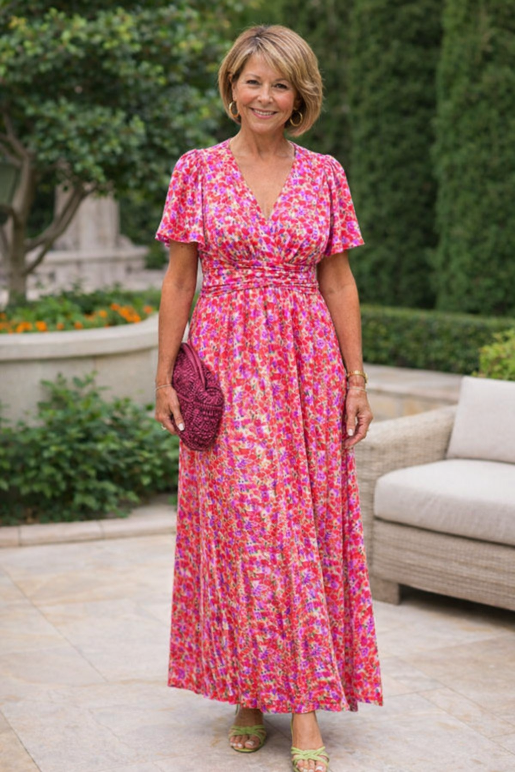 Robe d’été rouge à fleurs, encolure V, manches courtes, taille froncée