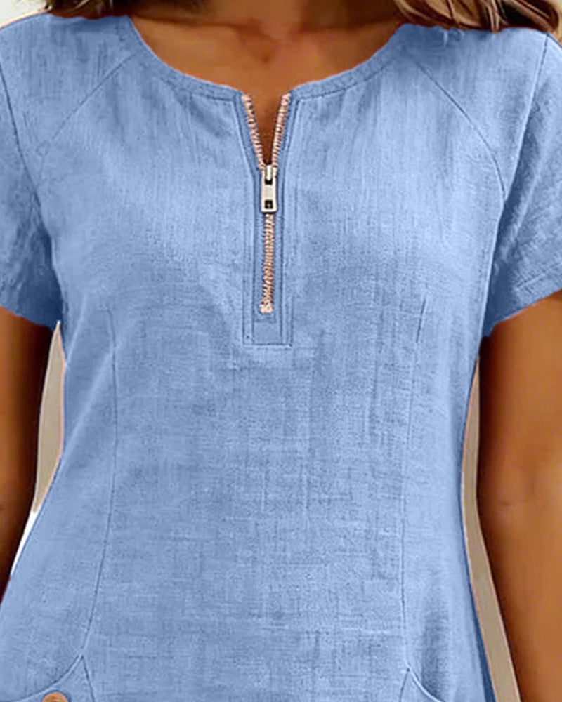 Robe Lina™ bleu ciel en lin, encolure zippée, manches courtes, coupe droite