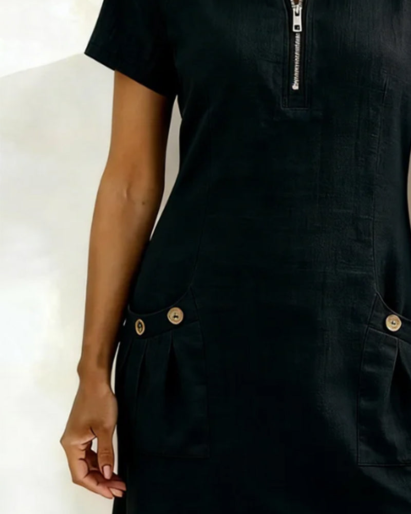 Robe Lina™ noire en lin, col zippé et poche latérale avec boutons