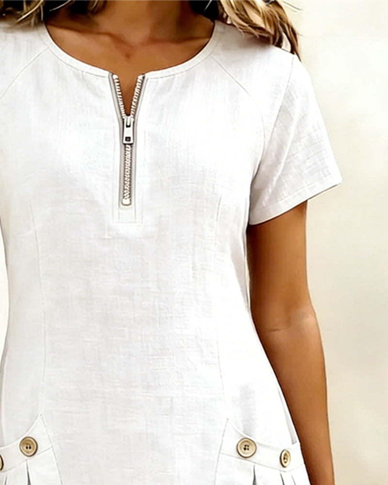 Robe Lina™ blanche en lin, fermeture zippée au col, coupe droite, poches plaquées