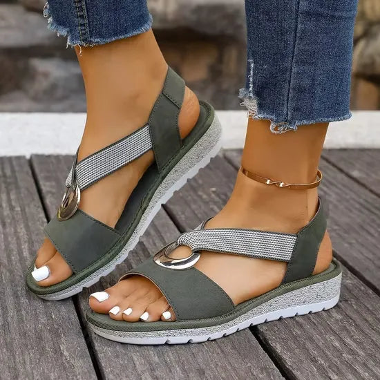 Sandales Luna Côtières kaki, brides texturées et anneau doré, semelle plateforme ouverte
