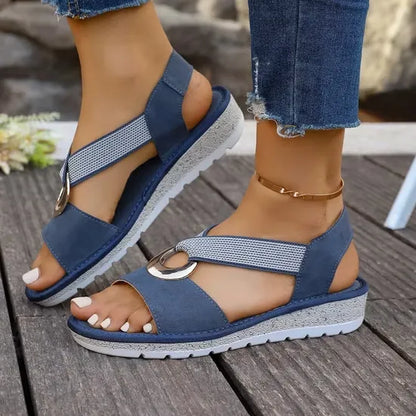 Sandales Luna Côtières bleu, brides texturées et anneau doré, semelle plateforme blanche