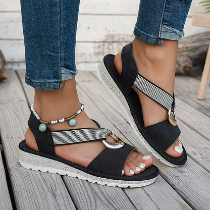 Sandales Luna Côtières noires, brides texturées et anneau doré, semelle plateforme ouverte