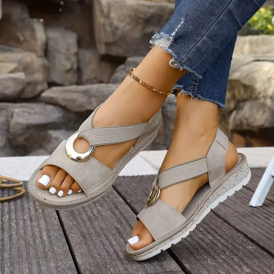 Sandales Luna Côtières beige clair, brides texturées et anneau doré, semelle plateforme