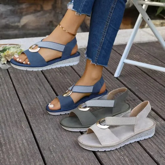 Sandales Luna Côtières bleues et beiges, brides texturées, anneau doré, semelle plateforme