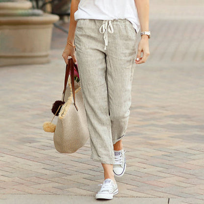 Pantalon casual Alvie gris kaki, taille à cordon, jambe ample 7/8.