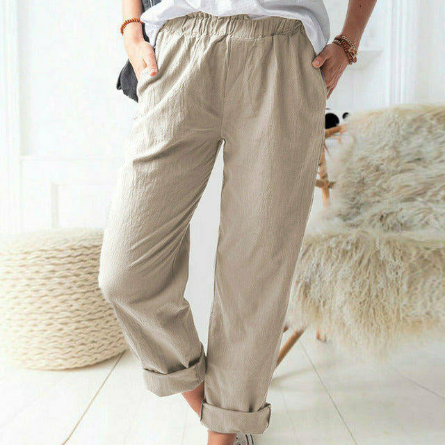Pantalon ample kaki à taille élastique et bas retroussés