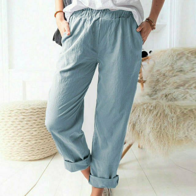 Pantalon ample bleu-vert à taille élastique et bas retroussés