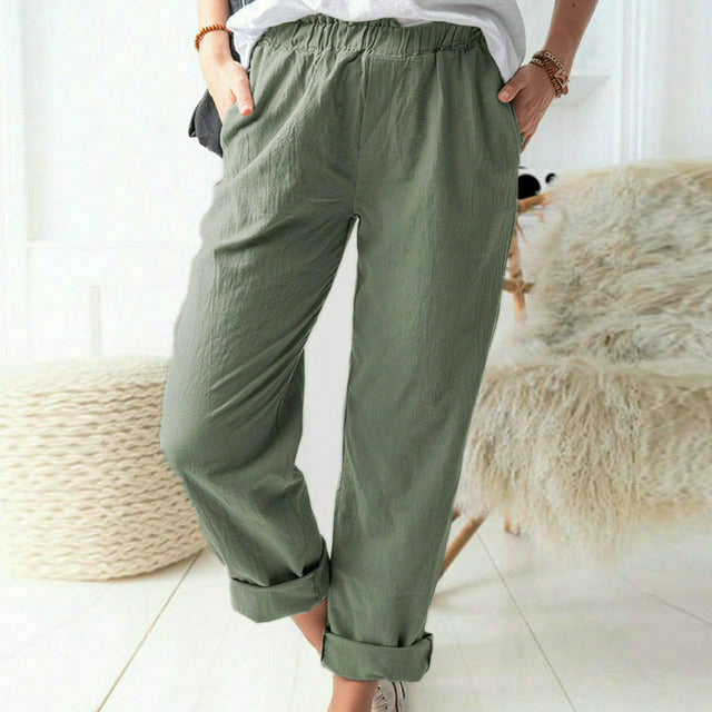 Pantalon ample vert foncé à taille élastique et bas retroussés