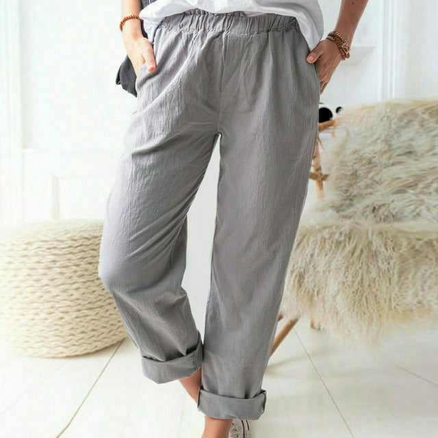 Pantalon ample gris à taille élastique et bas retroussés