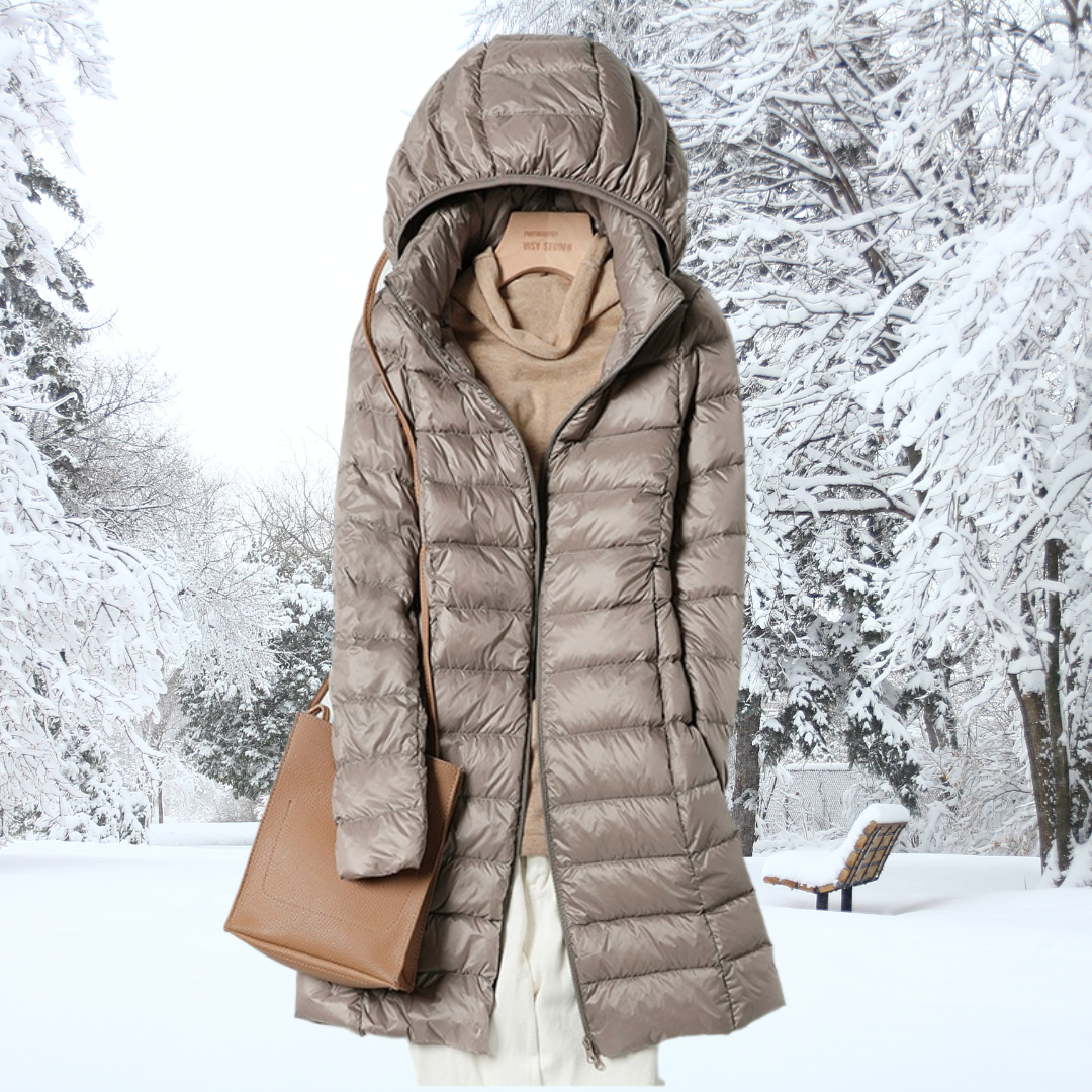 Parka doudoune kaki longue à capuche, fermeture zippée, surpiqûres