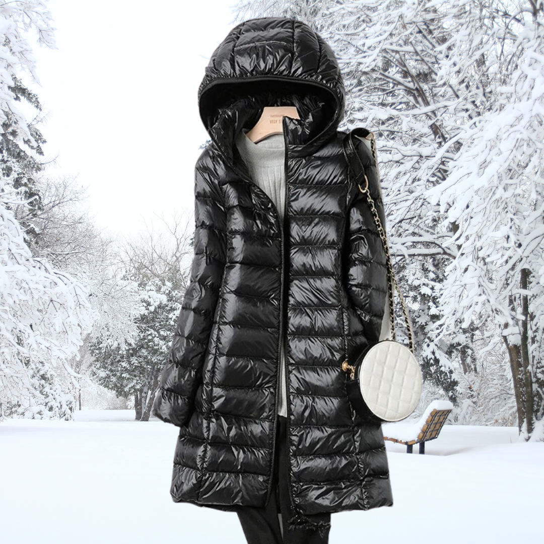 Parka doudoune noire longue à capuche, fermeture zippée, surpiqûres