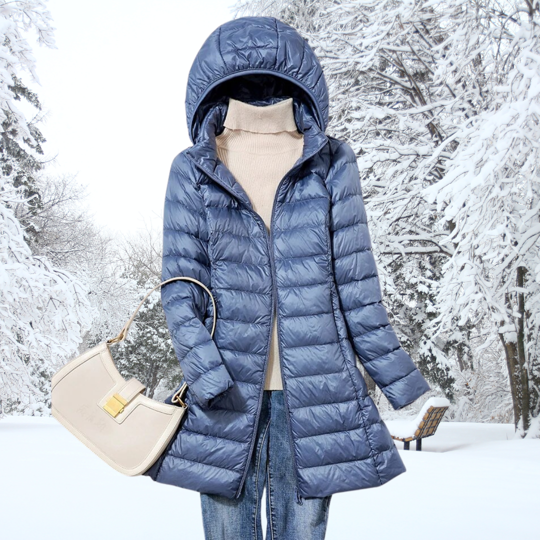 Parka doudoune bleu longue à capuche, fermeture zippée, surpiqûres