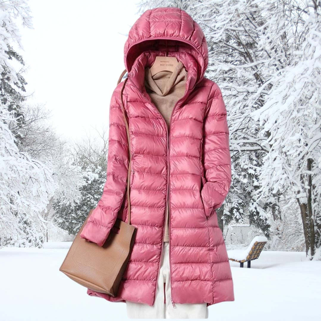 Parka doudoune rose longue à capuche, fermeture zippée, surpiqûres