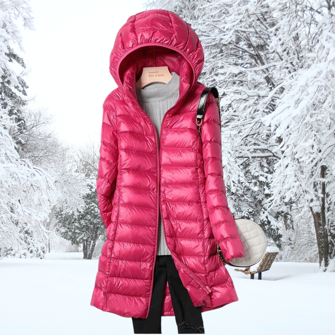 Parka doudoune fuchsia longue à capuche, fermeture zippée, surpiqûres