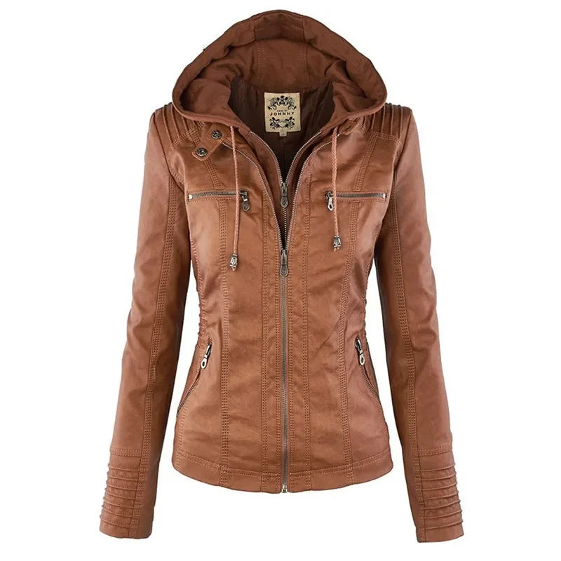 Veste à capuche zippée en jean marron, poches poitrine et cordons décoratifs