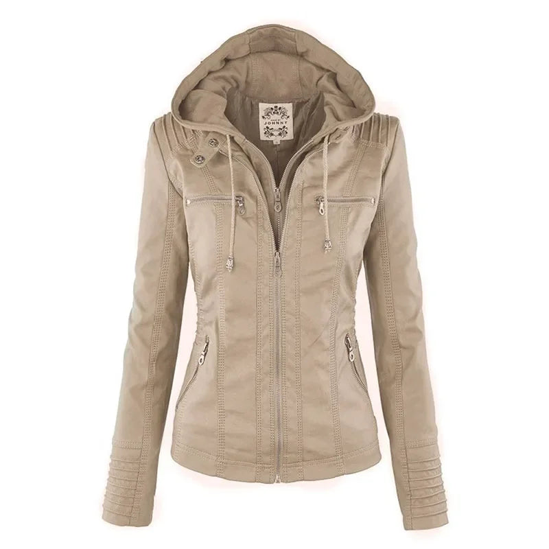 Veste à capuche zippée en jean blanc cassé, cordons pendentifs et poches latérales