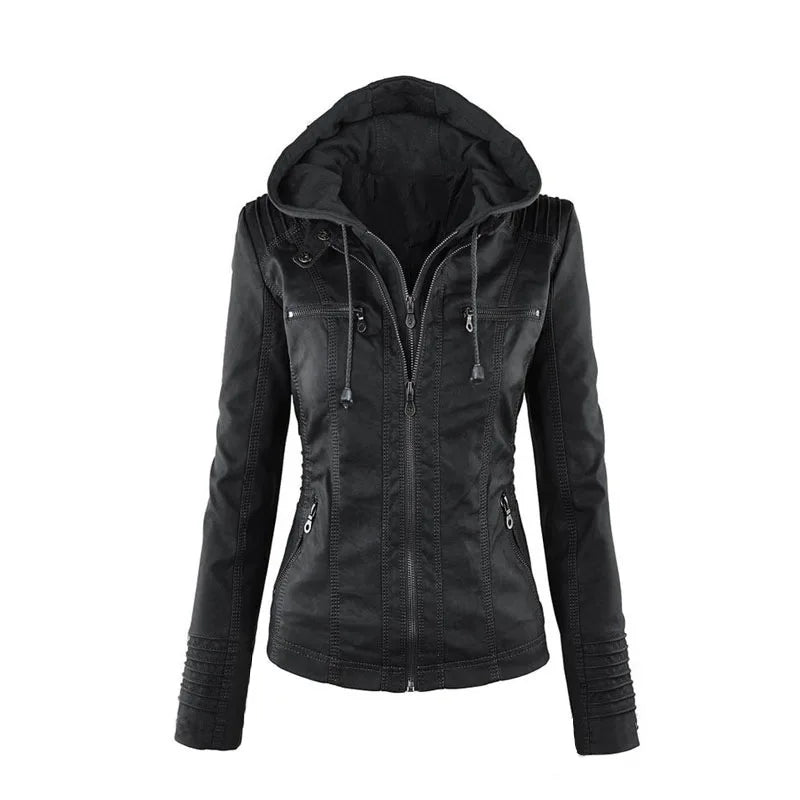 Veste en jean noire à capuche, fermeture zippée centrale et poches poitrine boutonnées